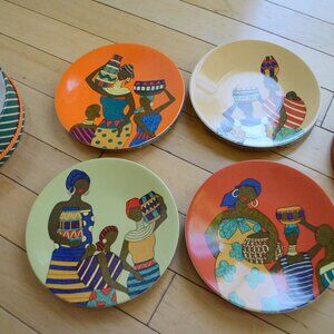 PIER 1 Women of Africa tribal dish set of 4 four Zera stoneware